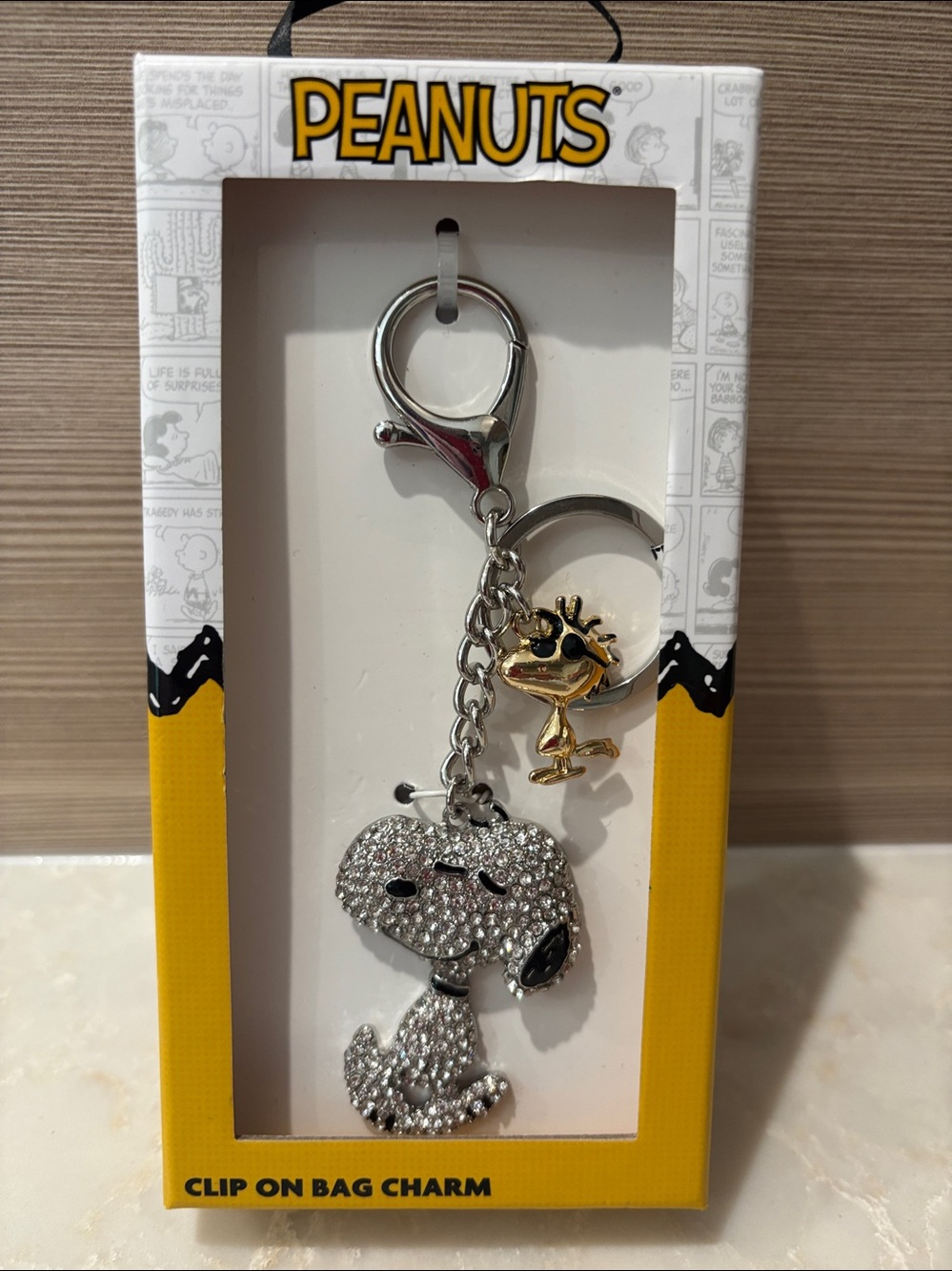 NIB Peanuts sparkly silver snoopy & gold Woodstock Bag Charm/ keychain